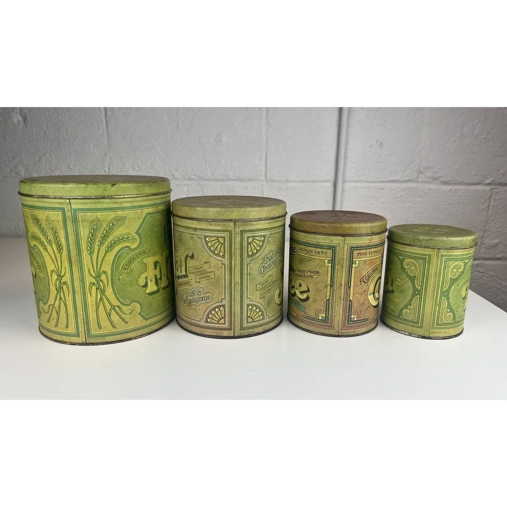 Vintage‎ Balonoff Canister Tin Set Green 1970s Rustic Flour Sugar Coffee Tea